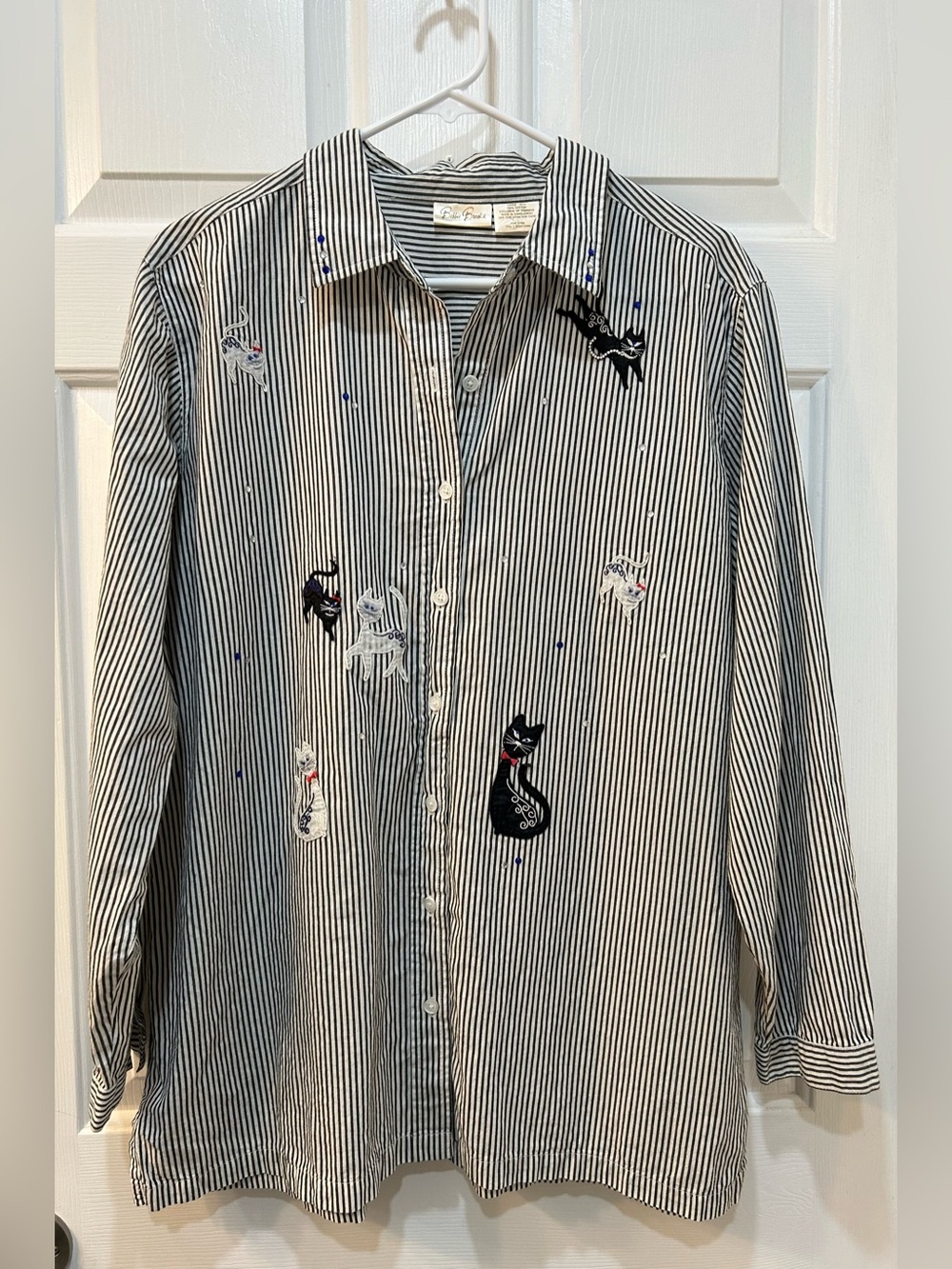 Bobbie Brooks 100% Cotton Button Up Tunic Blouse Sz L Cat Applique‎ Striped Gray